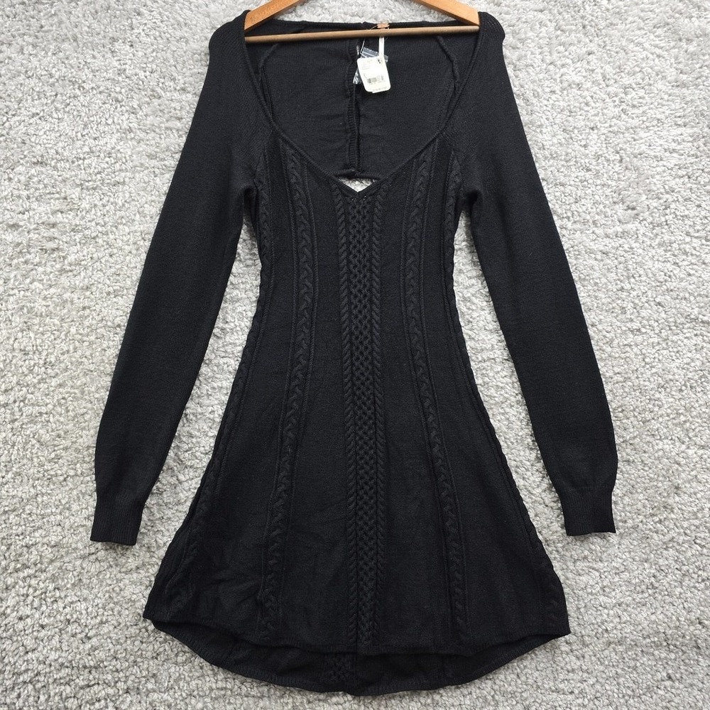 Free‎ People Small World Mini Dress Womens Large Black Open Back Sweetheart Boho